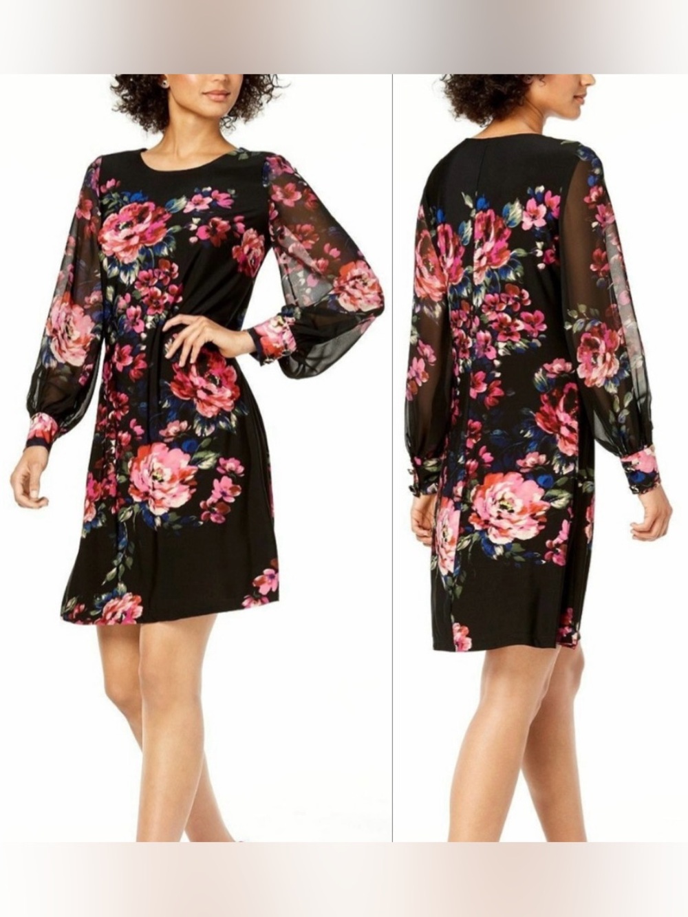 Like New MSK Petite Floral Print Long Sleeve Shift Black Dress Women's Size 12P